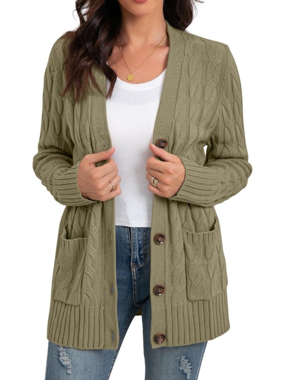 Cozy Long Sleeve Cable Knit Cardigan Sweater with Pockets for Women